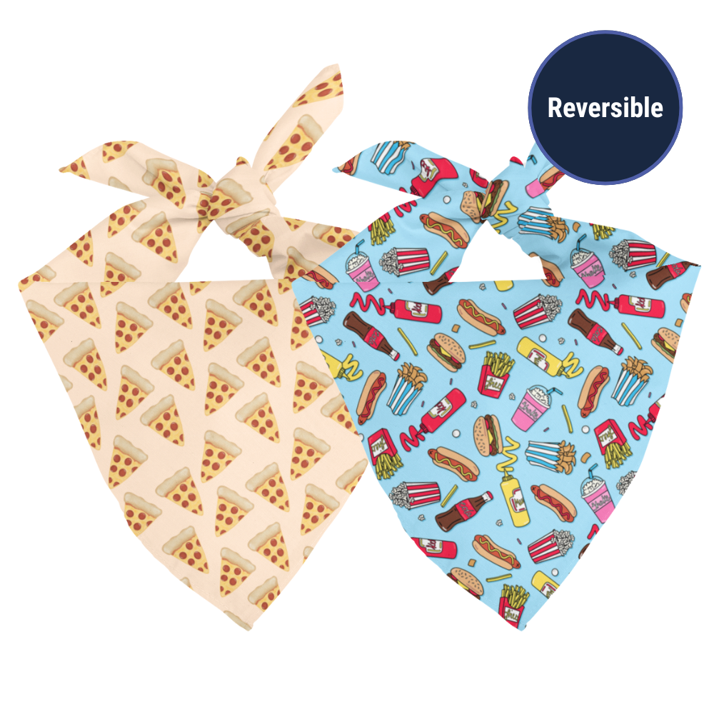 Double sided summer bandana with pizza and hotdogs on a white background. 