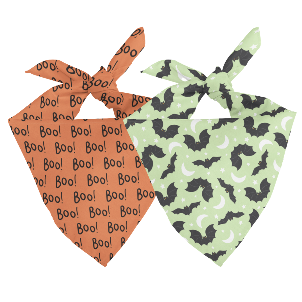 Two Halloween-themed bandanas with 'Boo!' and bat patterns on a white background.