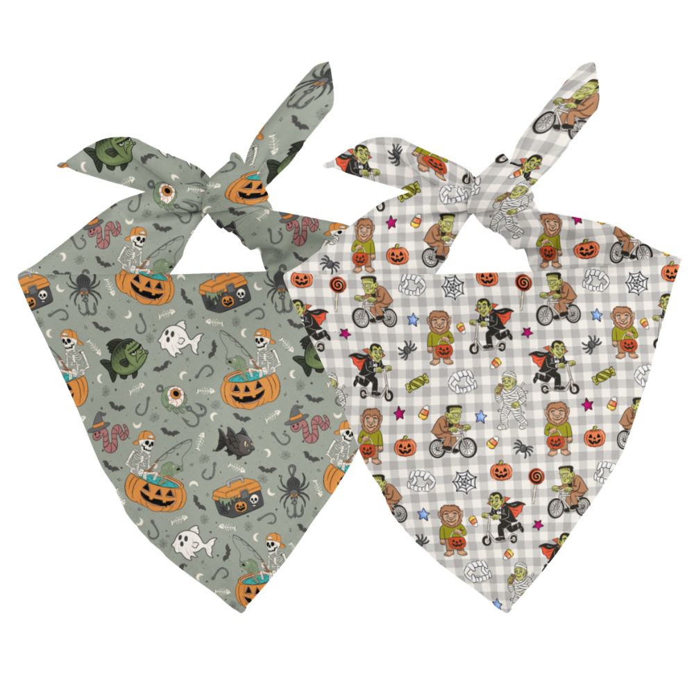 Two Halloween-themed dog bandanas on a white background