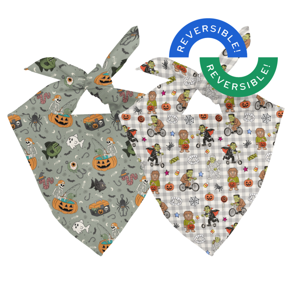 Two Halloween-themed dog bandanas on a white background