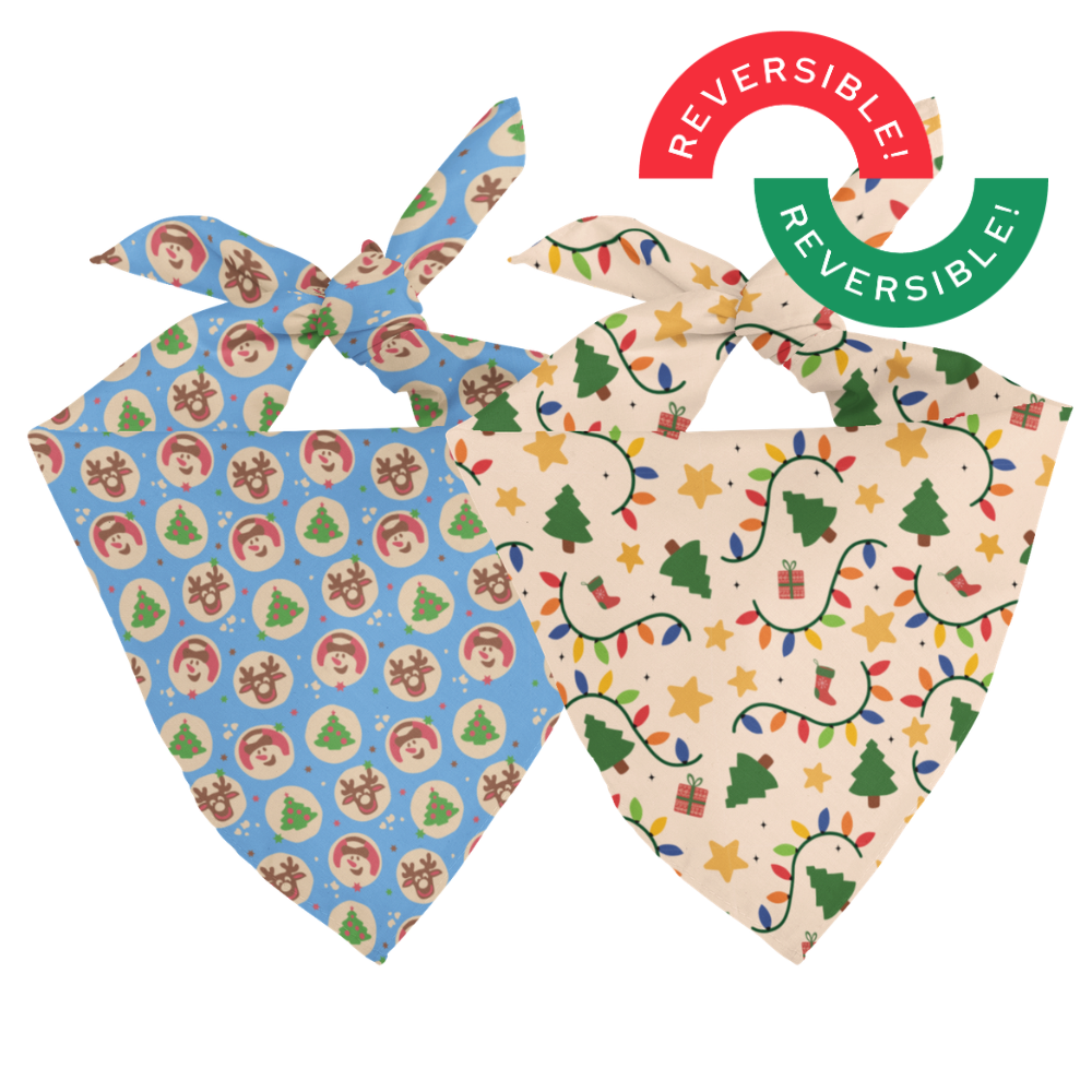 Two reversible bandanas with Christmas-themed patterns on a white background.
