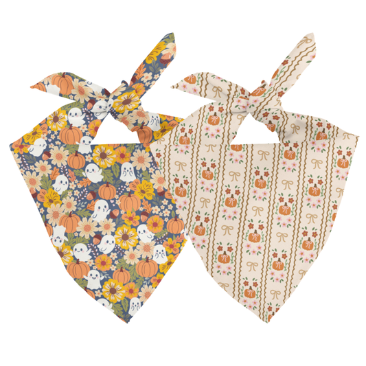 Two patterned bandanas with Halloween and autumn designs on a white background
