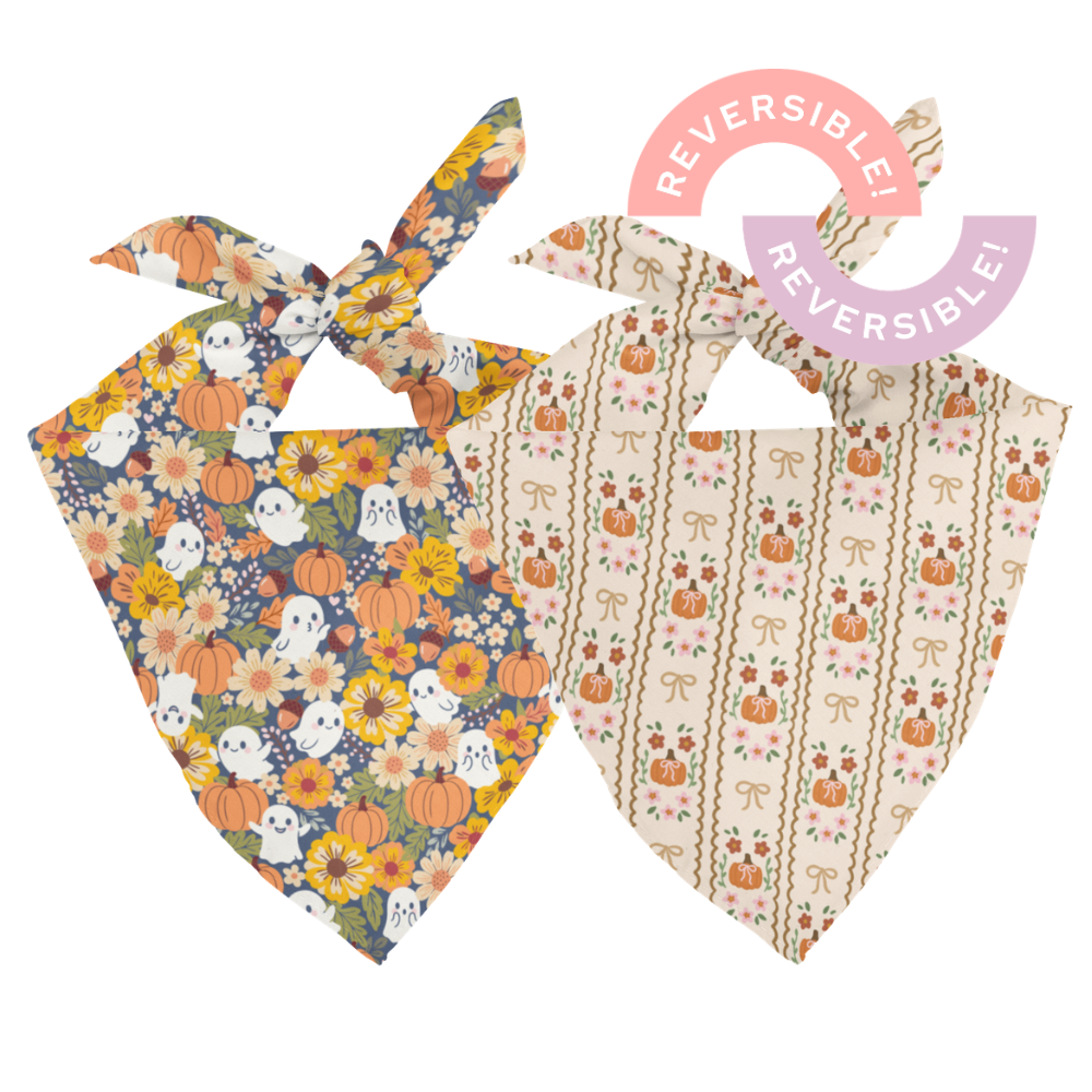 Two patterned bandanas with Halloween and autumn designs on a white background