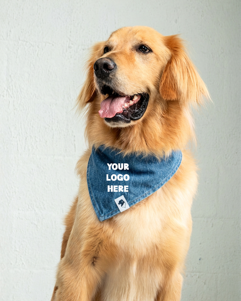 A golden retriever dog wearing a blue bandana with white placeholder text that reads 'YOUR LOGO HERE', set against a light gray textured wall.