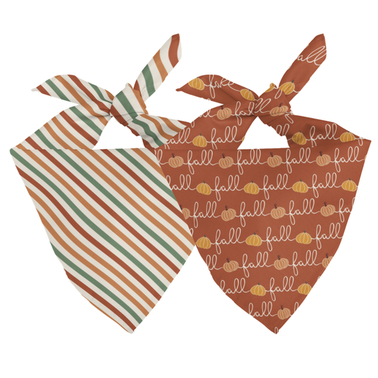 Fall cursive text with pumpkins and fall colored stripes double sided dog bandana