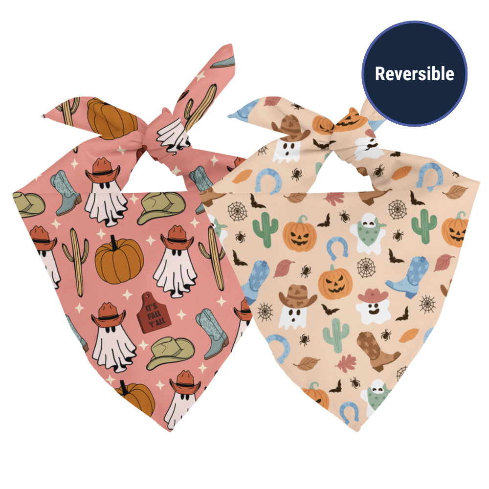 Double sided Fall themed bandana on a white background. 