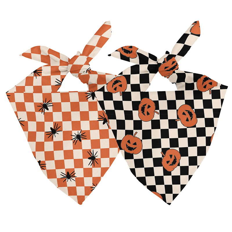 Halloween Plaid Reversible Dog Bandana showing plaid pumpkin and spider sides