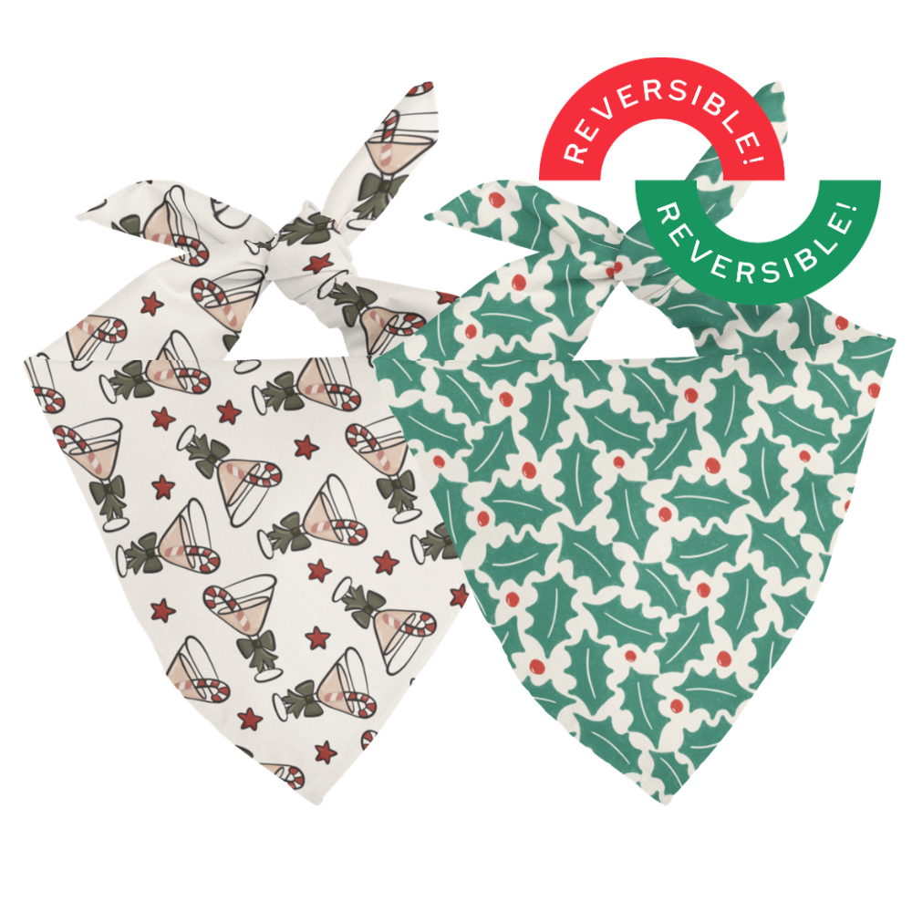 Two dog bandanas with festive patterns on a white background
