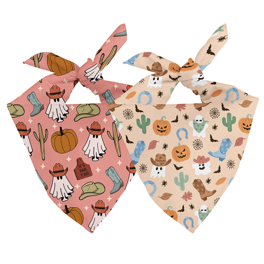 It’s Fall Y’all Reversible Dog Bandana showing “It’s Fall Y’all” and cowboy ghost patterns