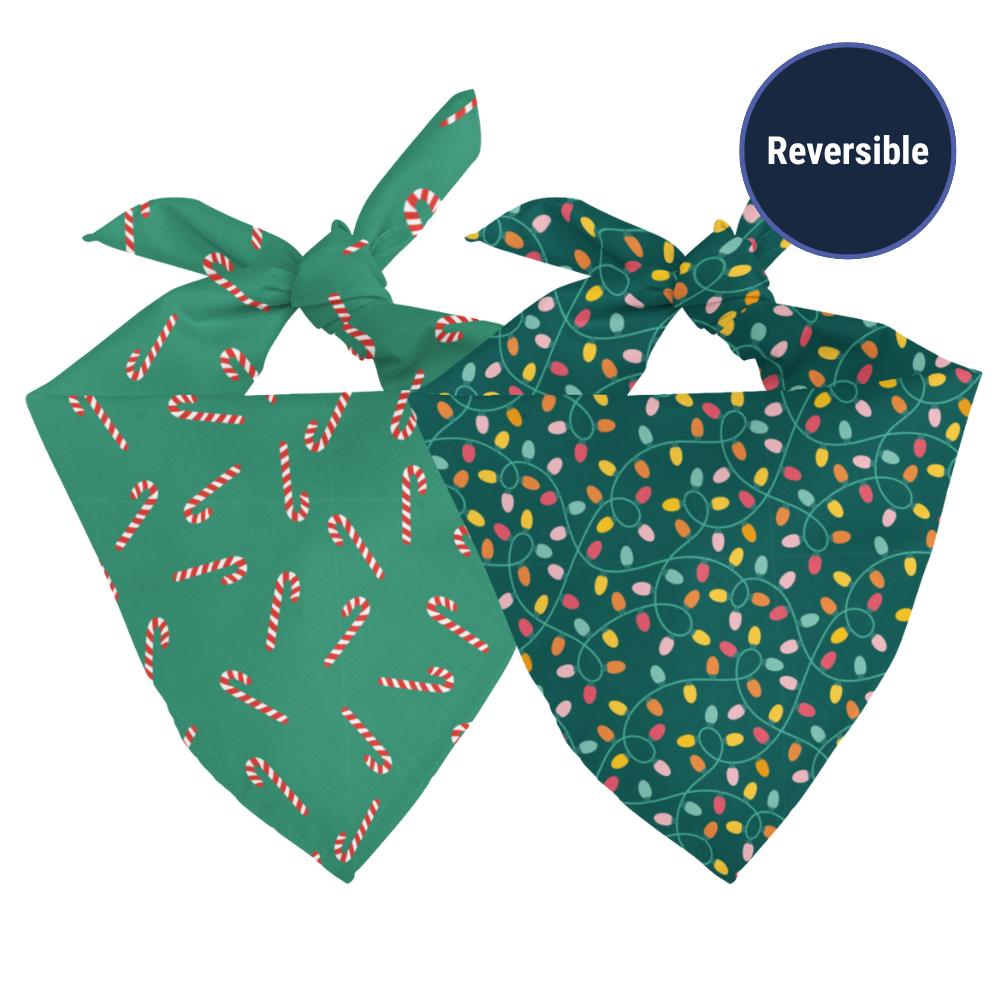 Double sided Christmas bandana on a white background. 