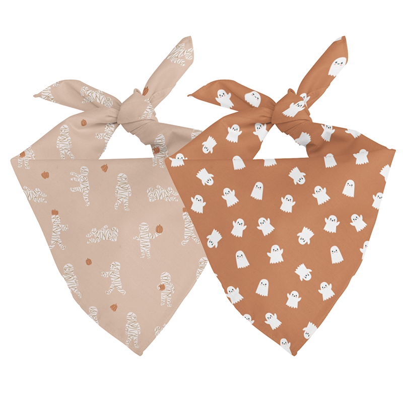 Mummy & Ghost Halloween Reversible Dog Bandana showing mummy and ghost print sides