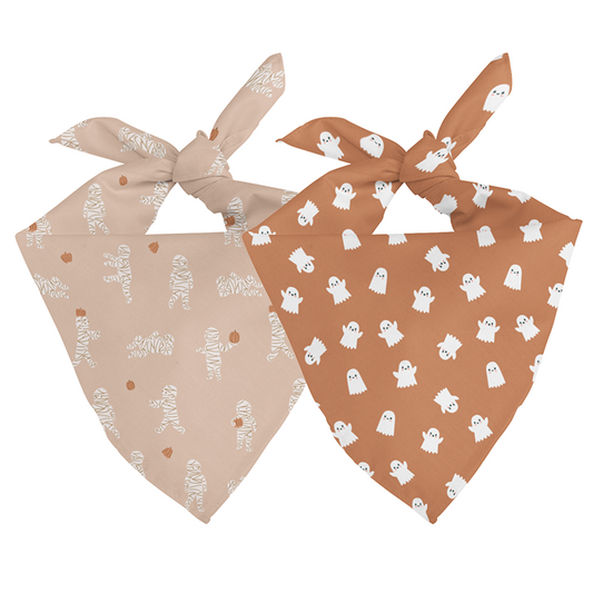 Mummy & Ghost Halloween Reversible Dog Bandana showing mummy and ghost print sides
