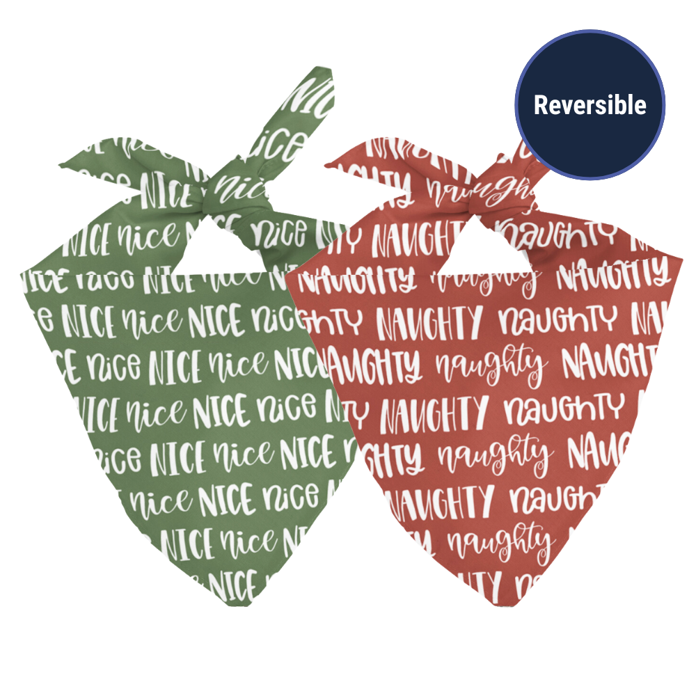 Double sided naughty and nice bandana on a white background.