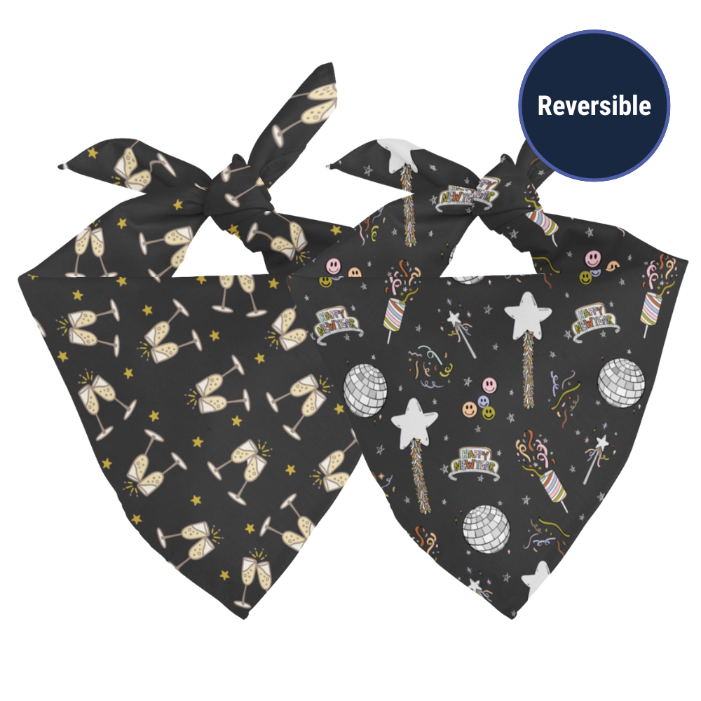 Double sided New Years bandana on a white background.