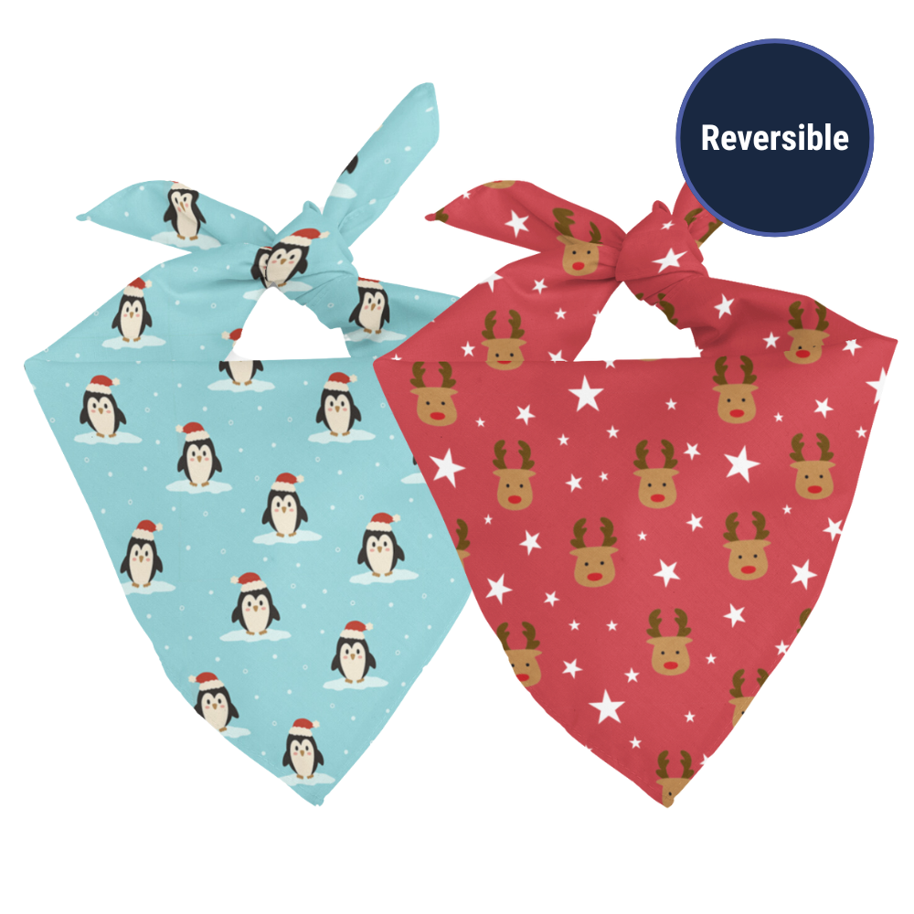 Double sided penguin and reindeer bandana on a white background