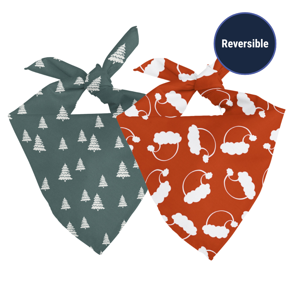 Double sided santa hat and Christmas tree bandana on a white background.