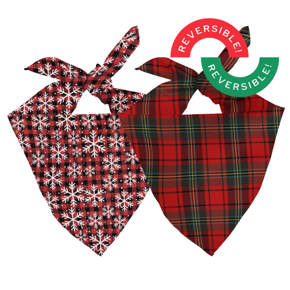Two dog bandanas with plaid and snowflake patterns on a white background