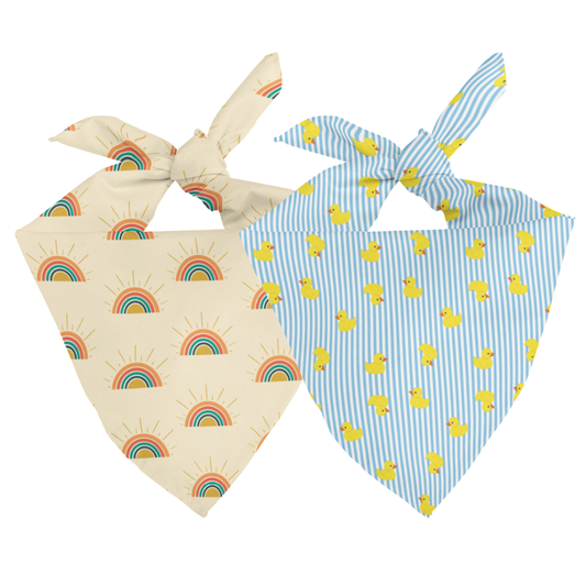 Double Sided bandana with ducks and rainbows on a white background.